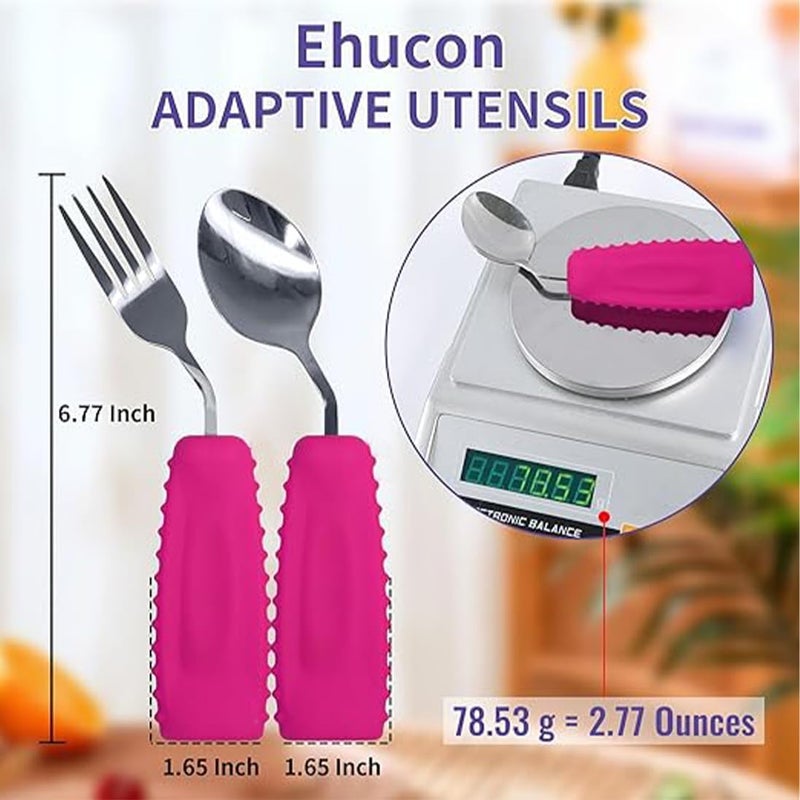 Ehucon Adaptive Utensils,Weighted Angled Silverware,Parkinsons Aids,Curved Non-Slip Easy Grip Spoon and Fork Set for Tremors,Disabled,Handicap,Elderly,Arthritis (Right Hand,Pack of 2,Rose Pink) - Image 4